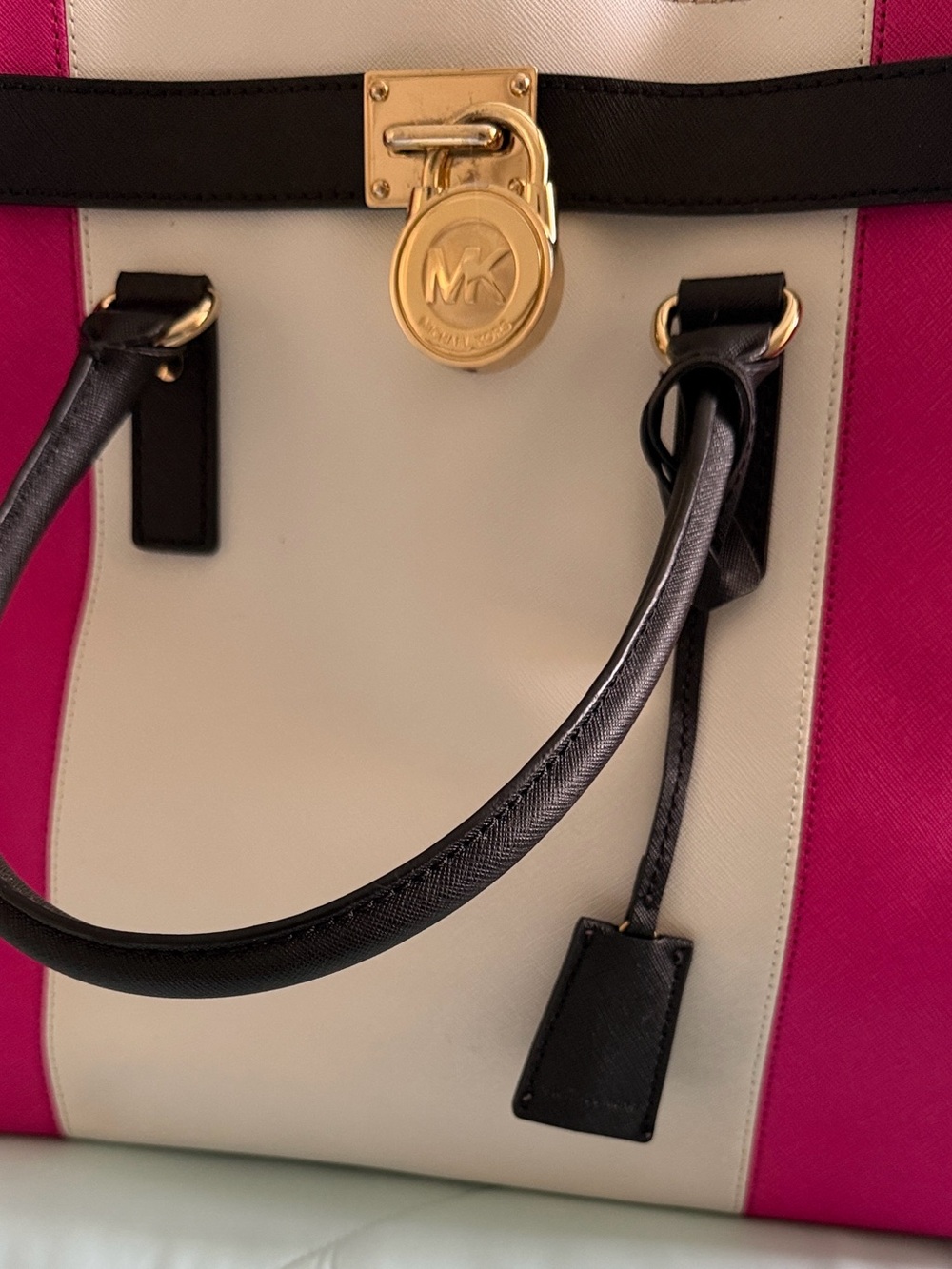 Michael Kors Hot Pink, Cream & Black Saffiano Leather Tote